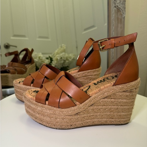 Sam Edelman Marietta Tan Brown Leather Wedge Heeled Espadrilles Sandals Size 7.5 - Picture 3 of 8